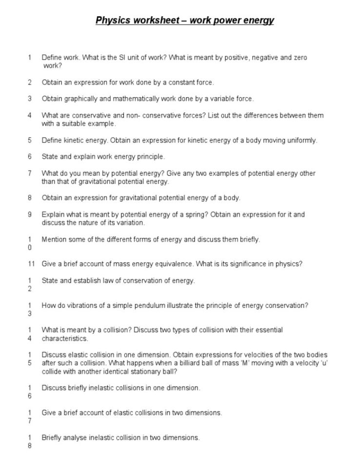 Work And Power Worksheet Work Worksheets Physics • Worksheetforall
