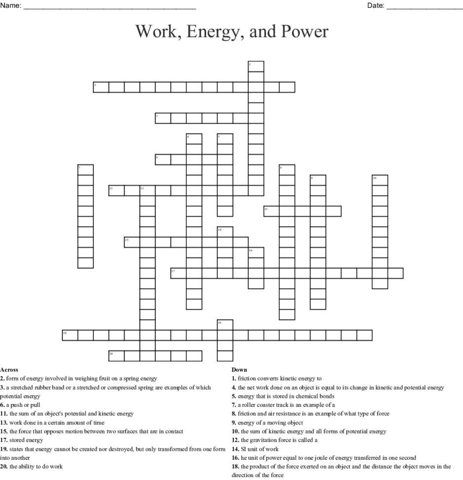 Work Energy And Power Crossword  Word