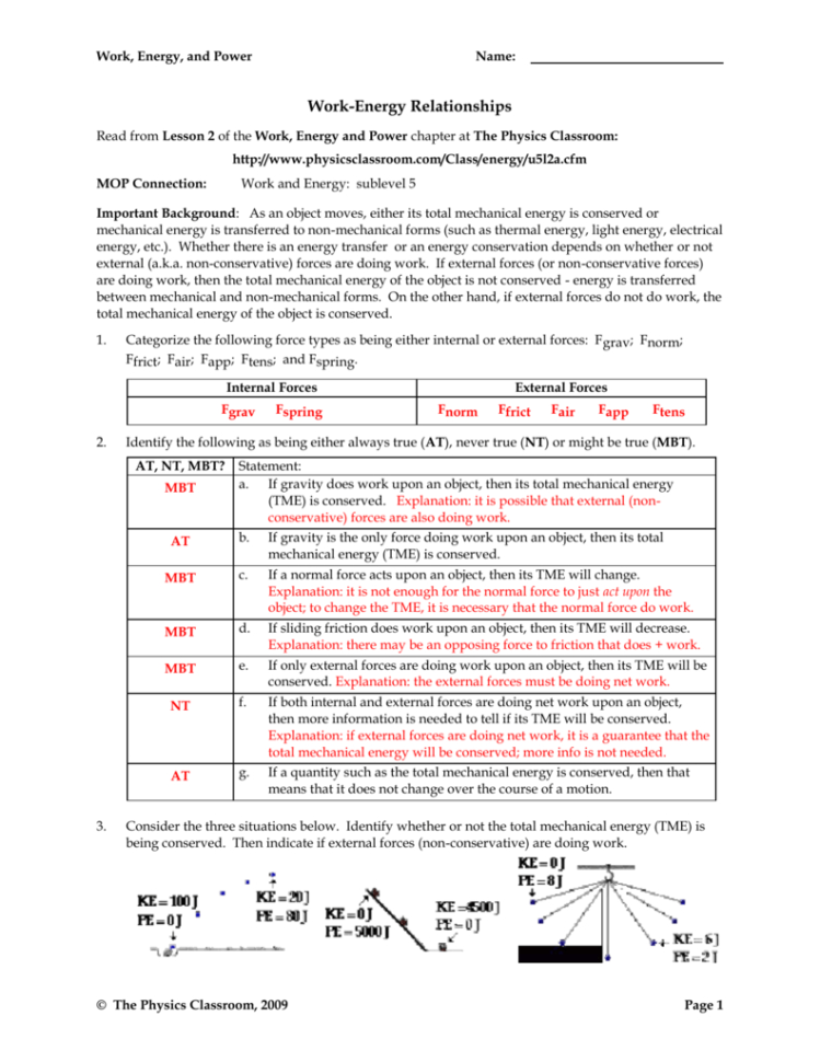 Work External Physics Classroom Worksheet Answers