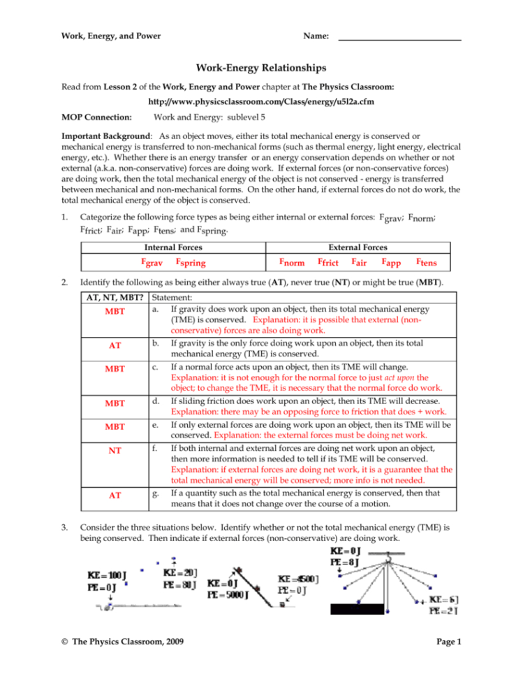 Work Energy And Power Worksheet Answers Physics Classroom — db-excel.com