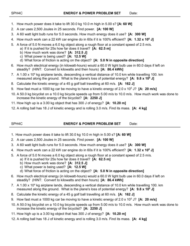 Work Power And Energy Worksheet