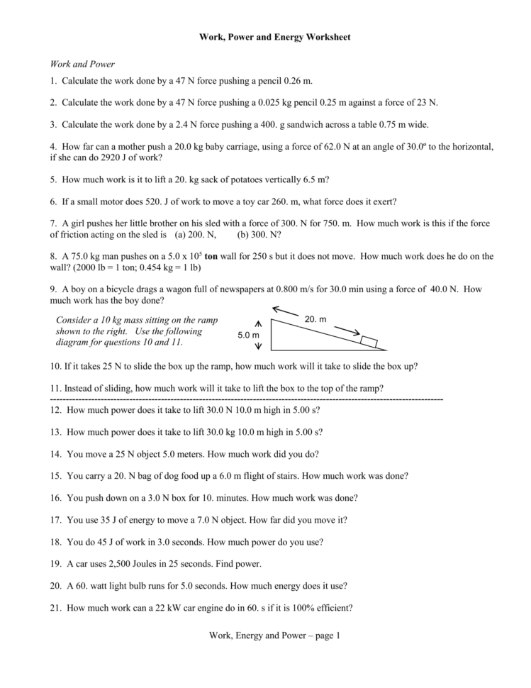 Work Power And Energy Worksheet