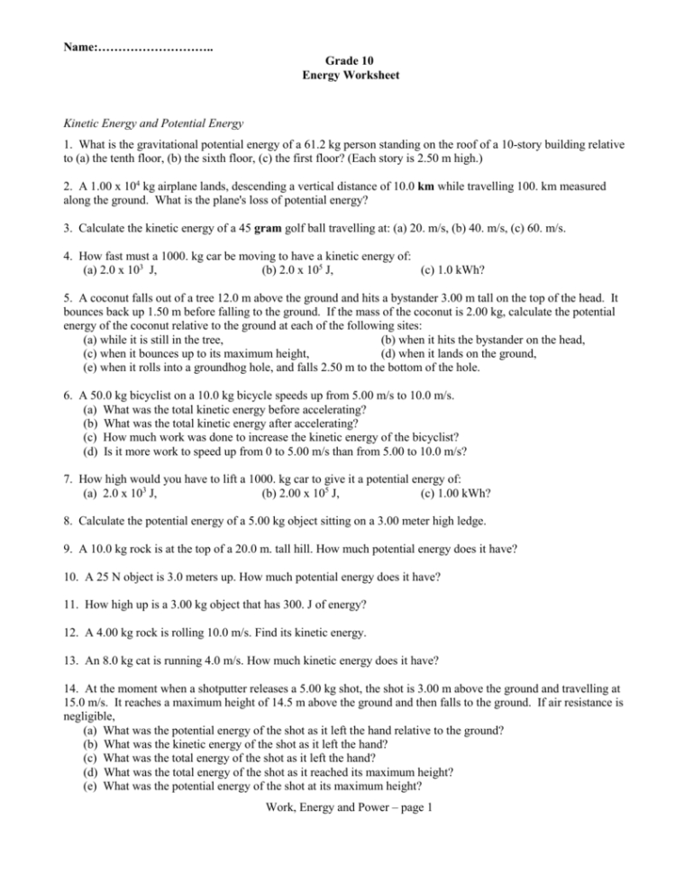 Work Power And Energy Worksheet