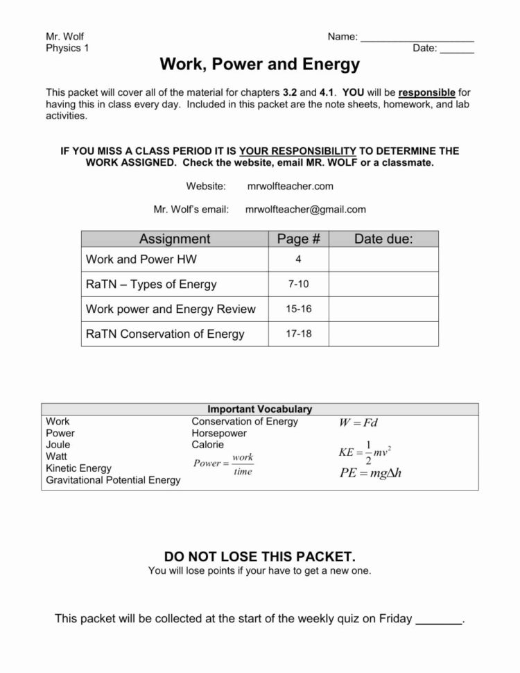 Work Power Energy Worksheet