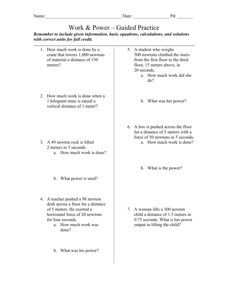 Work  Power Worksheet