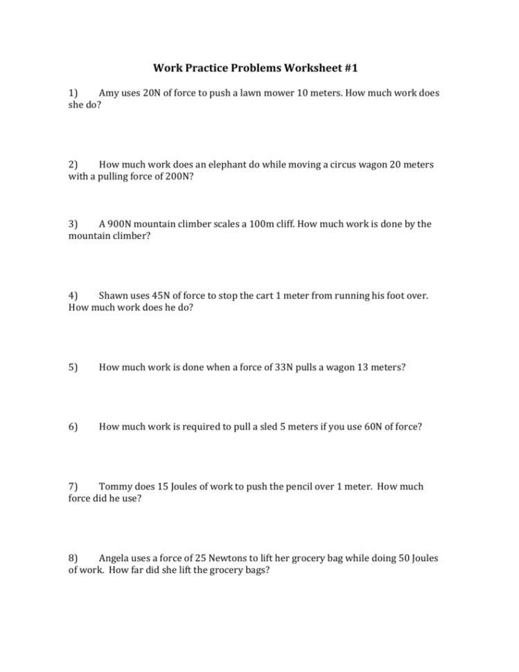 Work Practice Problems Worksheet 1