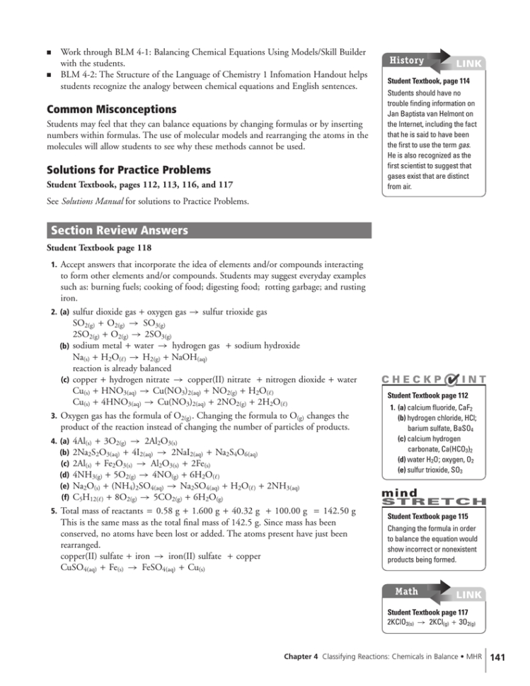 Work Through Blm 41 Balancing Chemical Equations Using