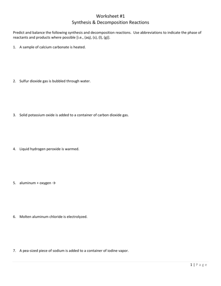 types of chemical reactions synthesis and decomposition worksheet