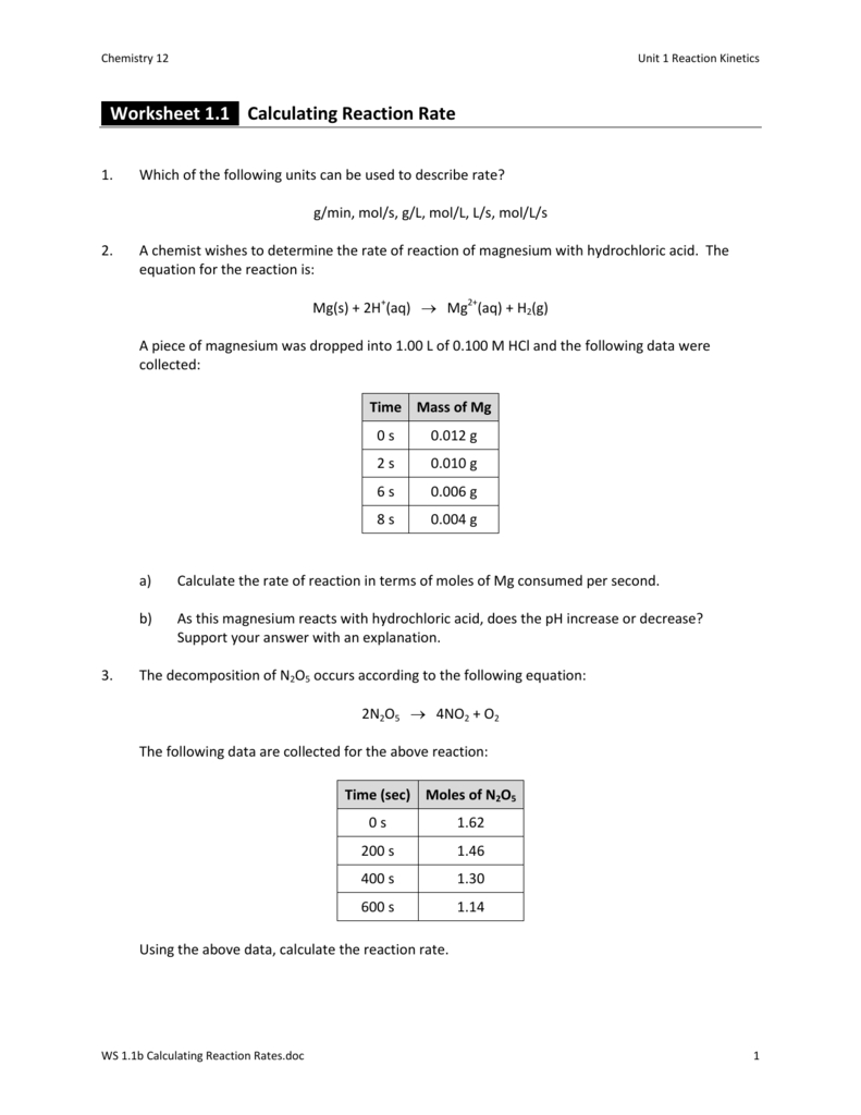 Worksheet 11 Calculating Reaction Rate