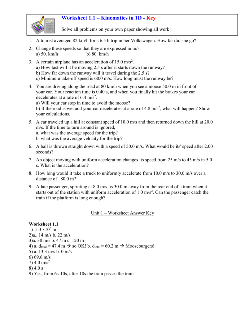 Worksheet 11 – Kinematics In 1D