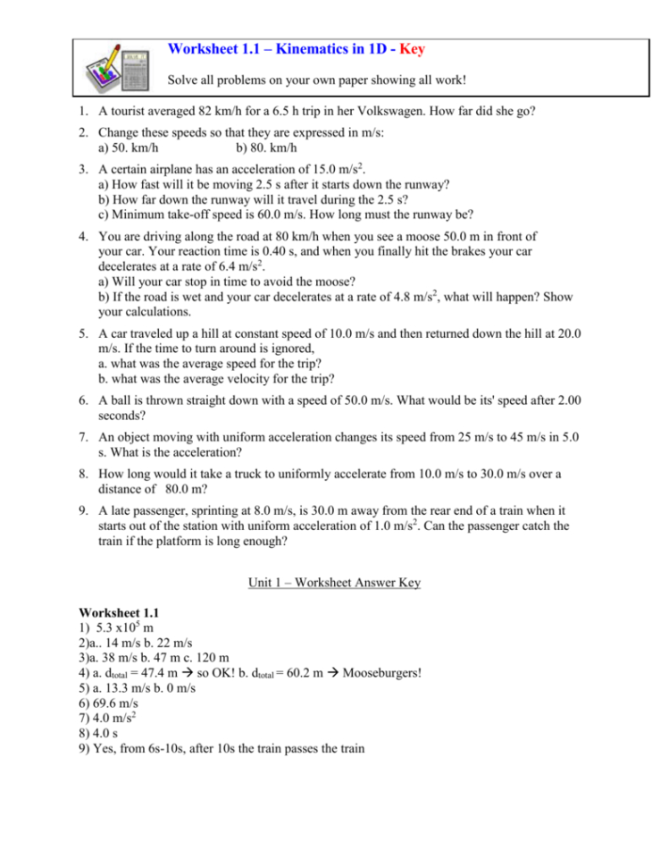 Worksheet 11 – Kinematics In 1D