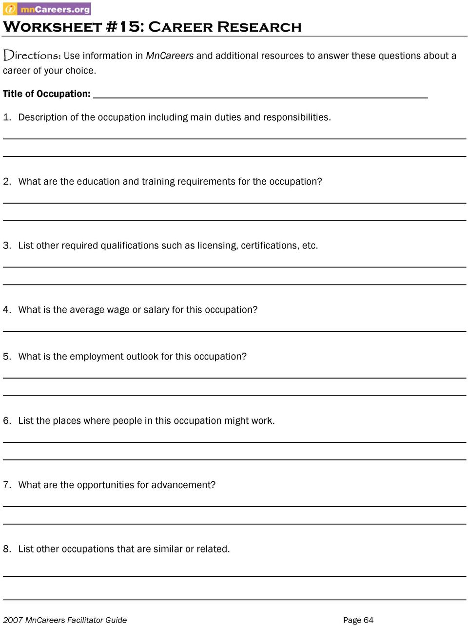 Worksheet 13 Career Planning List  Pdf