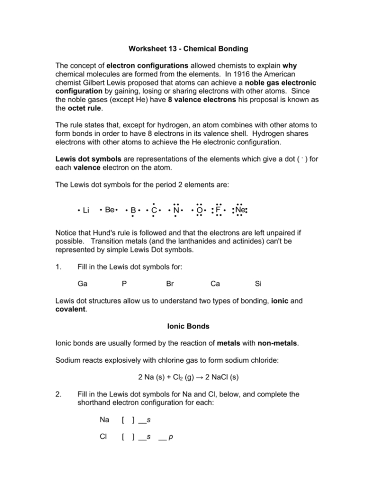 Worksheet 13  Chemical Bonding The Concept Of Electron