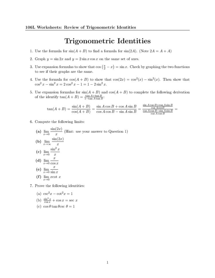 Worksheet 13 Trig Identities  106 Calculus  Studocu
