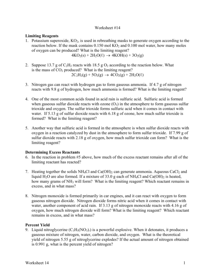 Worksheet 14 1 Worksheet 14 Limiting Reagents 1 Potassium