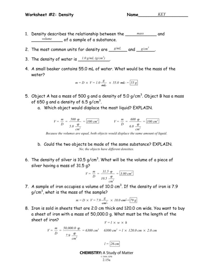 Worksheet 2 Density Name Chemistry