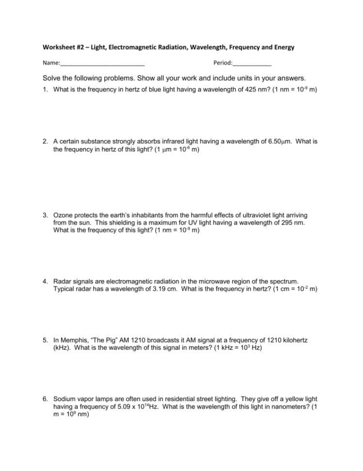 Worksheet 2  Electromagnetic Radiations Answers