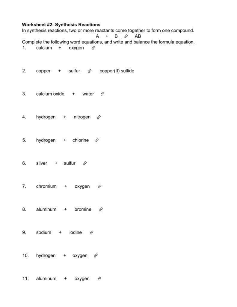 Worksheet 2 Synthesis Reactions