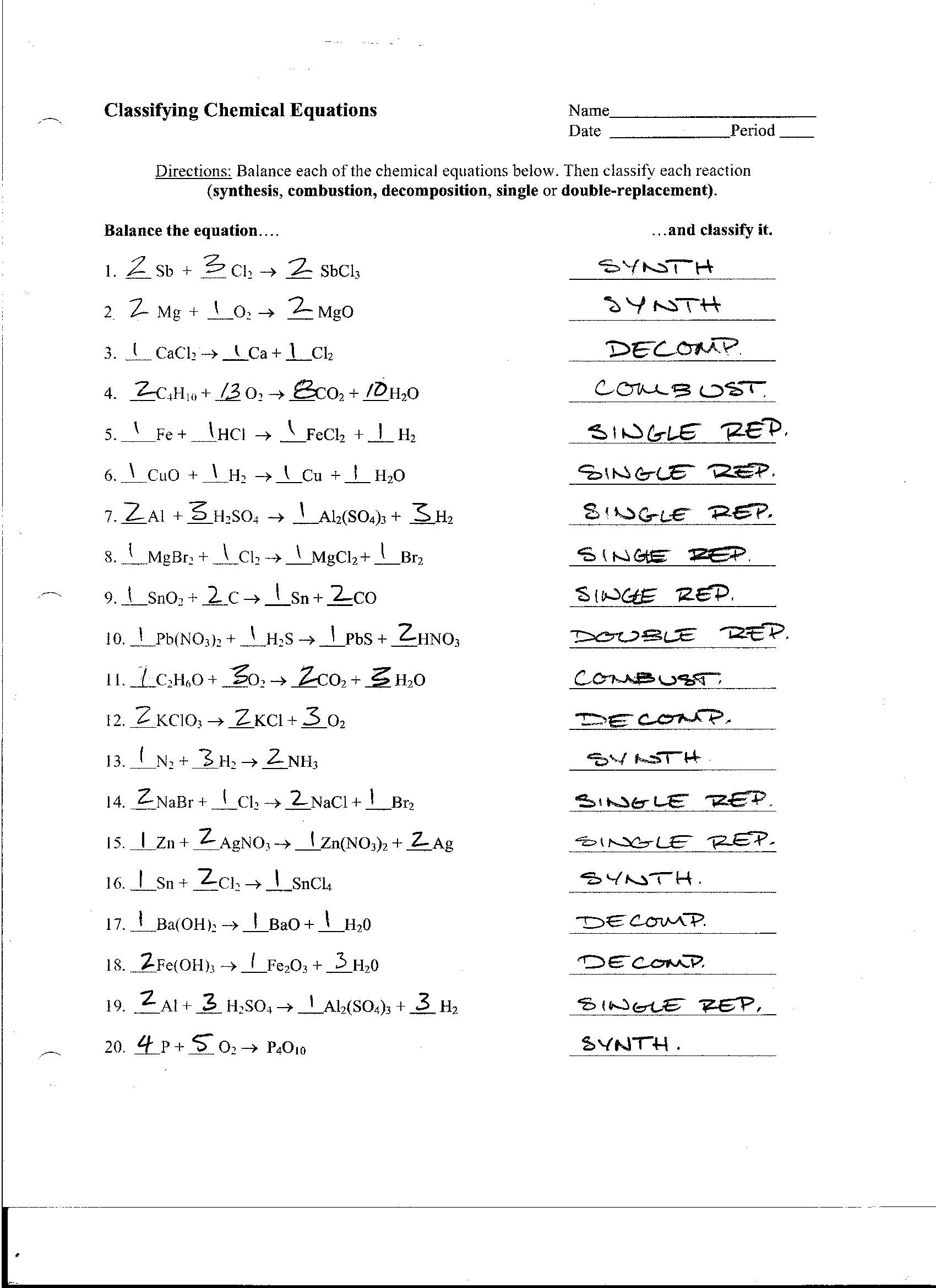 Worksheet 3 Balancing Equations And Identifying Types Of Reactions 