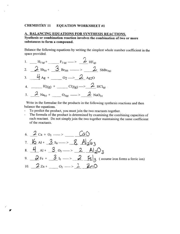 Worksheet 4 Balancing Equations And Predicting Products