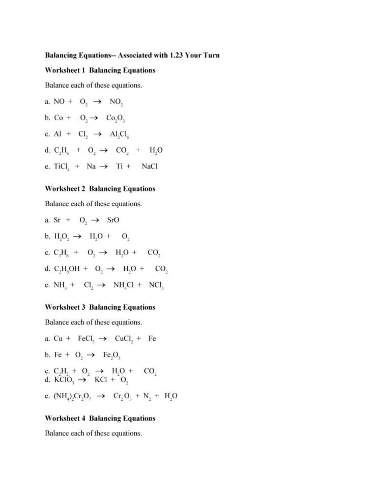 Worksheet 4 Balancing Equations And Predicting Products