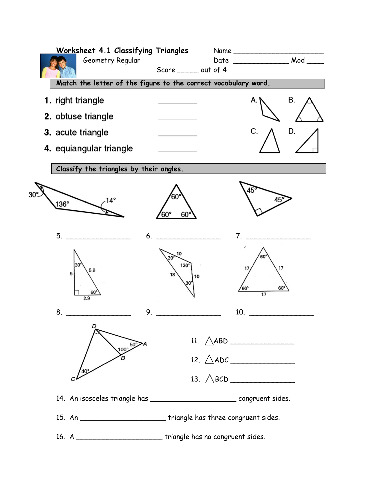 Worksheet 41 Classifying Triangles