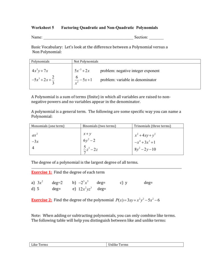Worksheet 5 Factoring Quadratic And Non