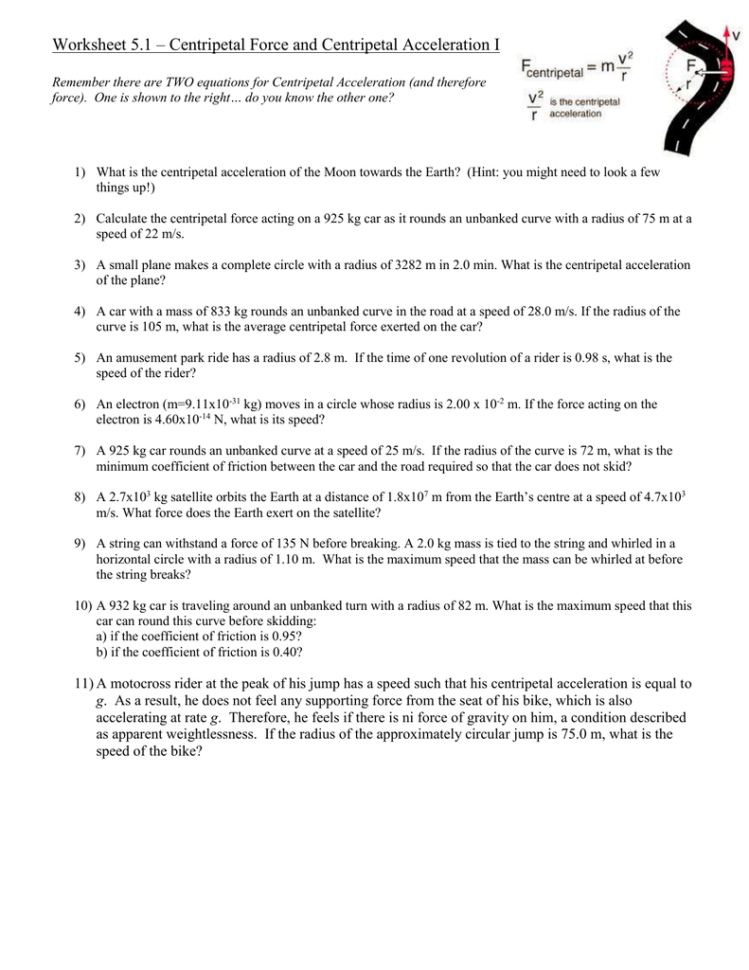 Worksheet 51 – Centripetal Force And Centripetal Acceleration I