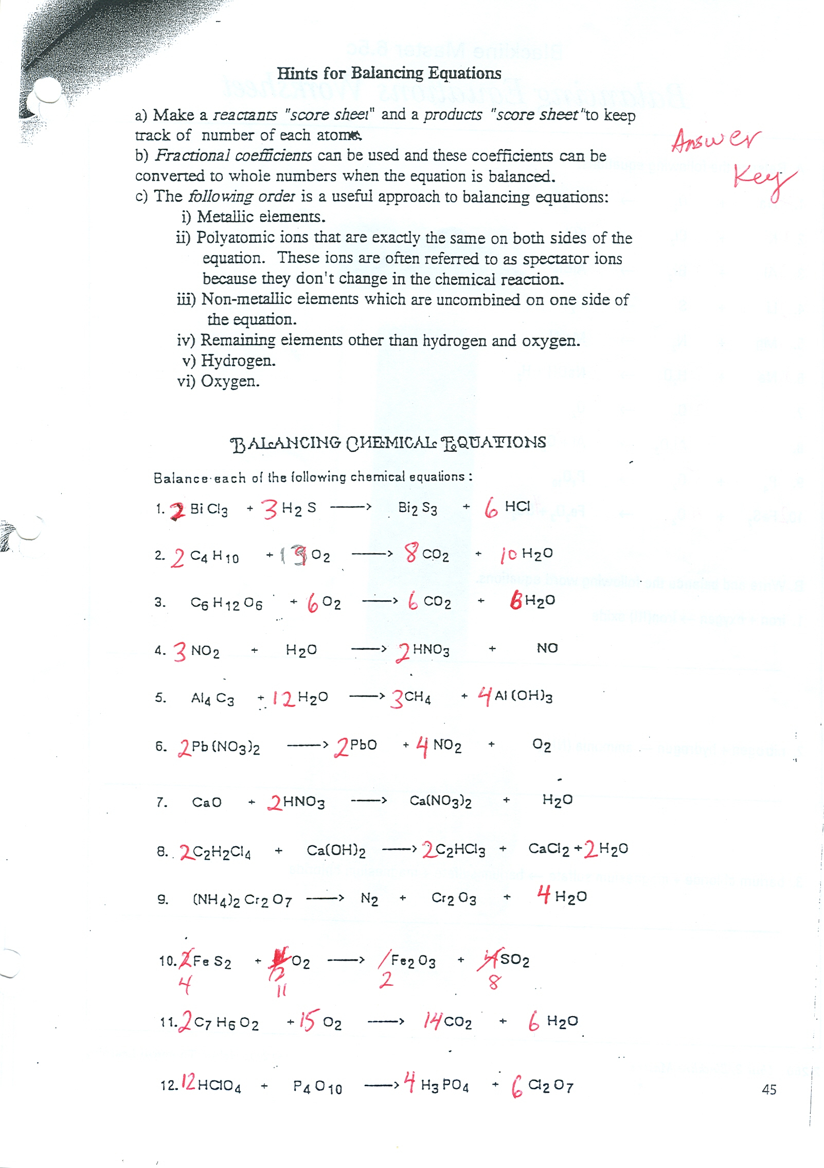 Balancing Equations Worksheet Answer Key