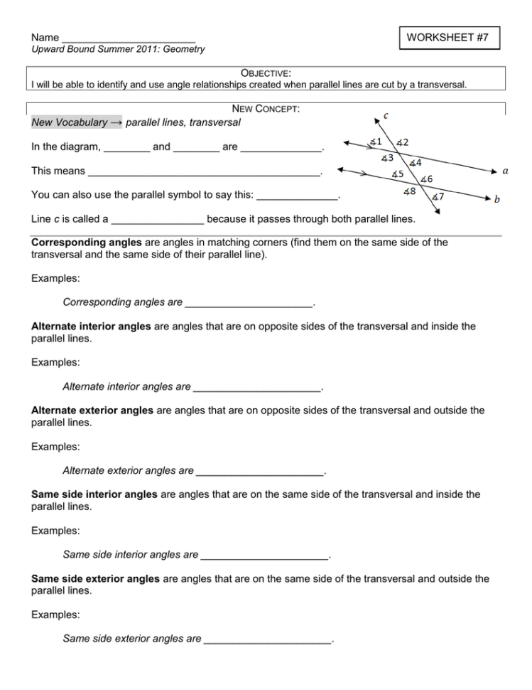 Worksheet 7 New Vocabulary → Parallel Lines Transversal In