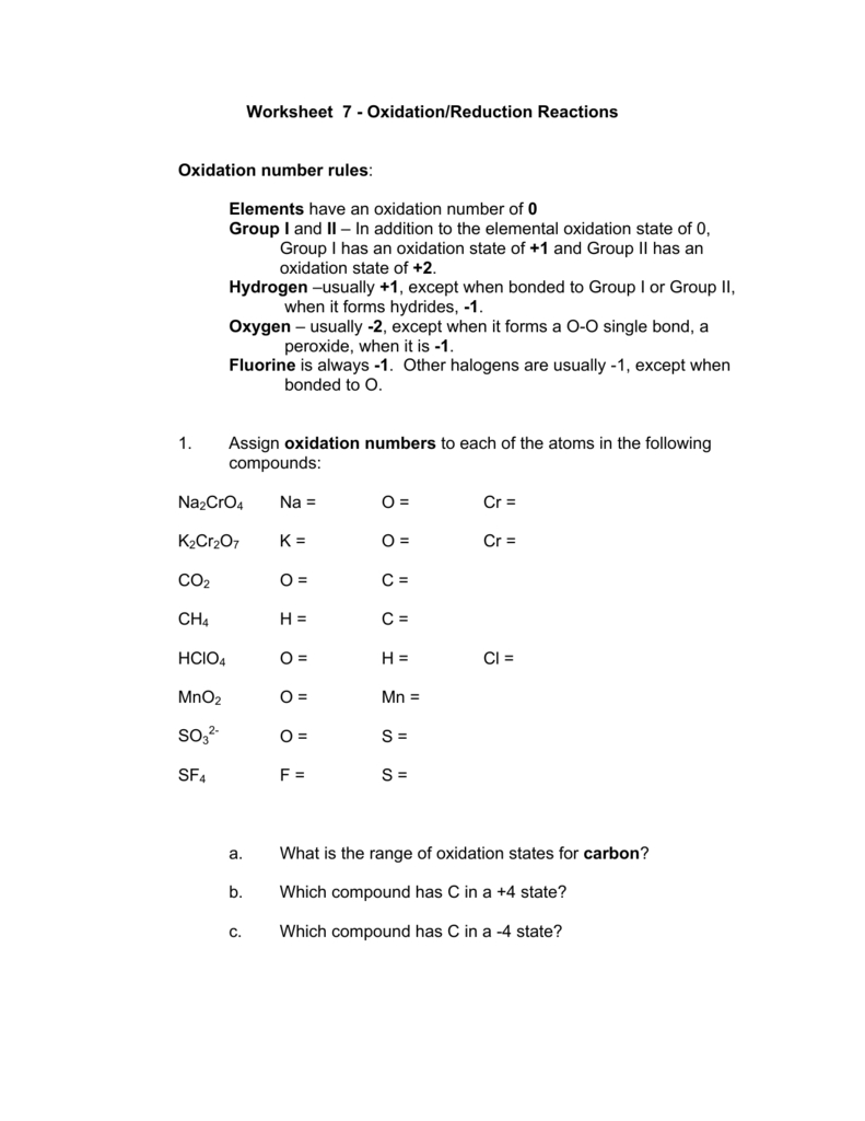 Worksheet 7  Oxidationreduction Reactions Oxidation Number