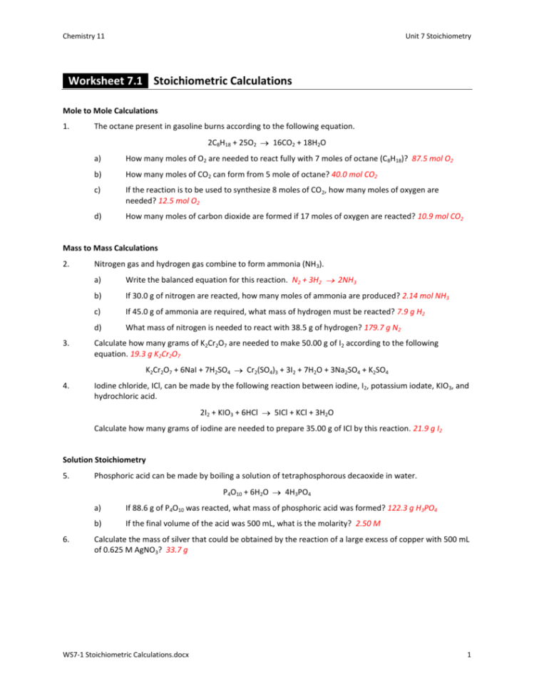 Worksheet 71 Stoichiometric Calculations