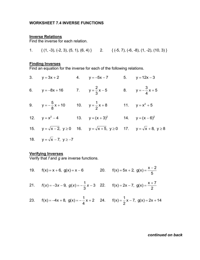 worksheet finding inverse functions