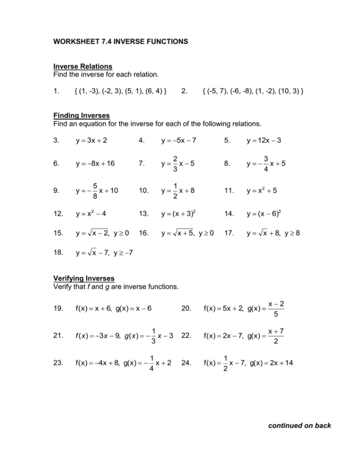 Worksheet 74 Inverse Functionspdf