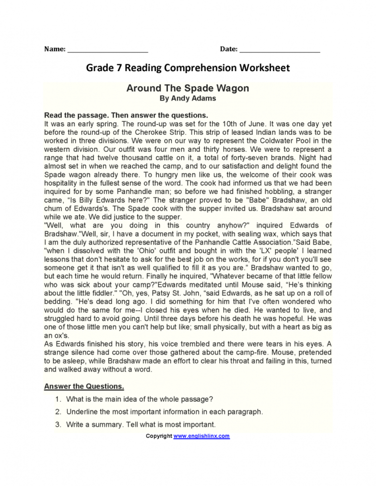 Worksheet 7Th Grade Reading Comprehension Worksheets