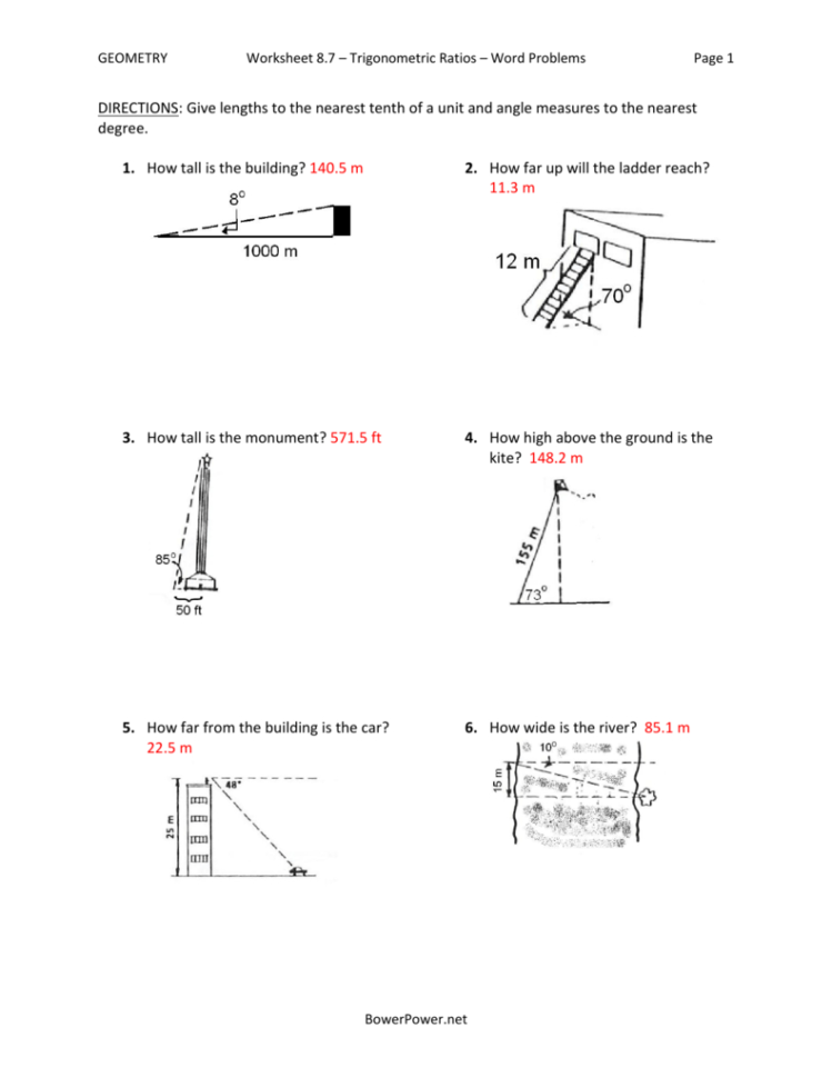 Worksheet 87  Trigonometric Ratios Word