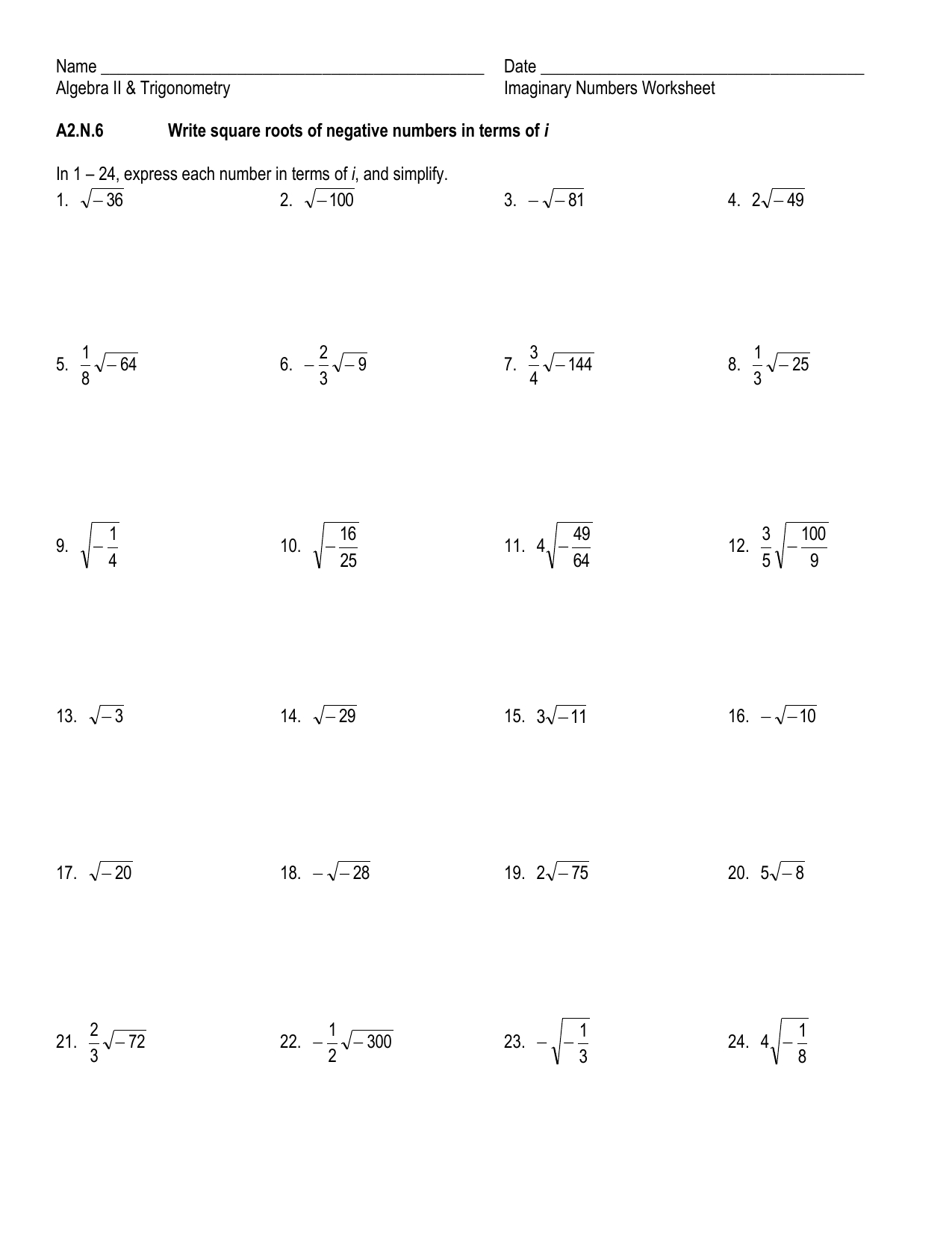 Square Roots Of Negative Numbers Worksheet | db-excel.com