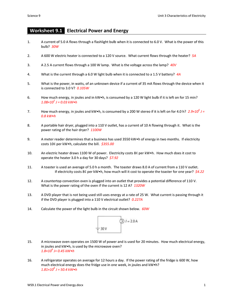 Worksheet 91 Electrical Power And Energy