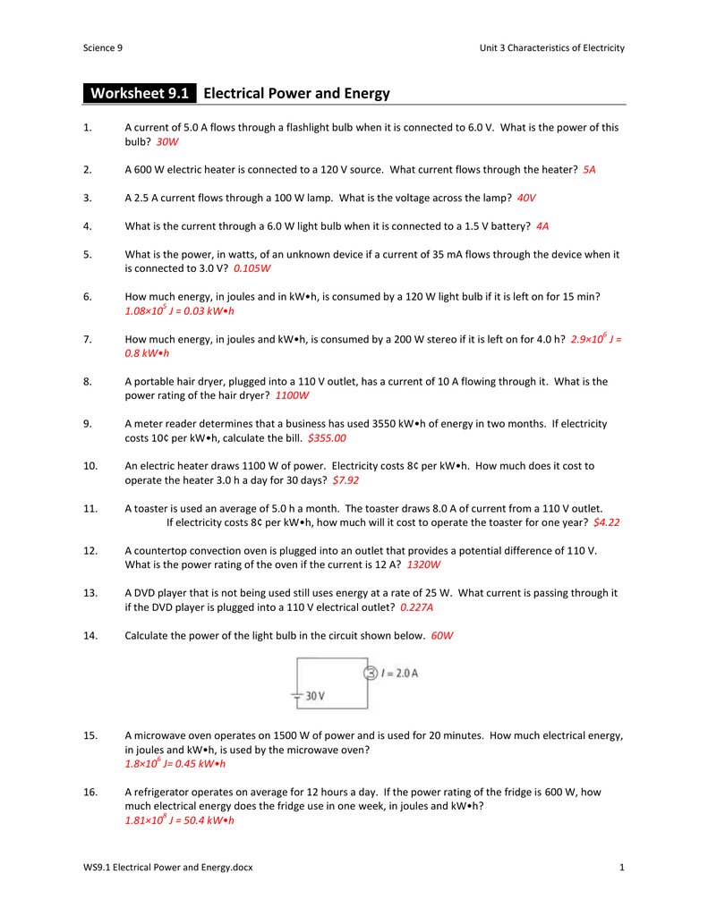 Worksheet 91 Electrical Power And Energy Db excel