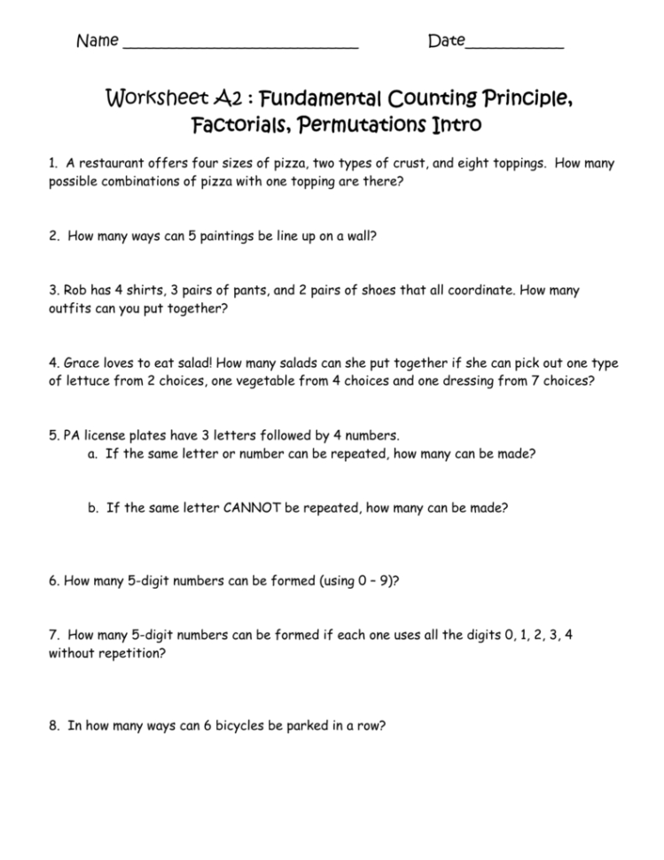 Worksheet A2  Fundamental Counting Principle Worksheet A2  Fundamental Counting Principle