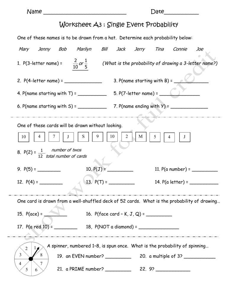 Worksheet A3  Single Event Probability