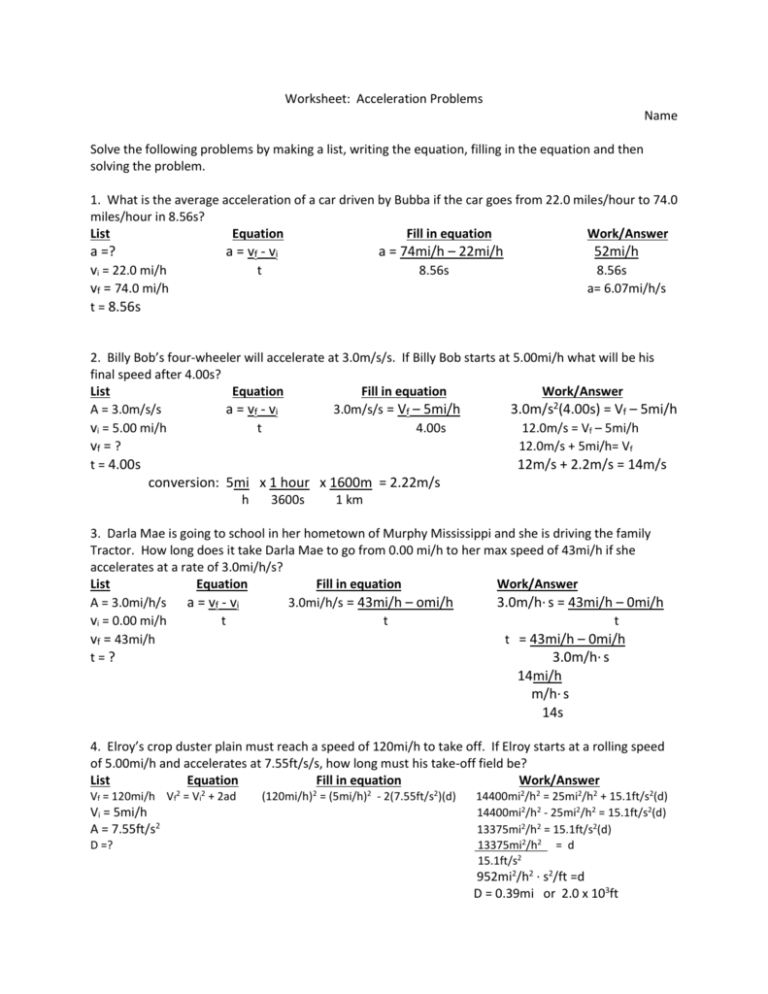 Acceleration Problems Worksheet Answer Key Db excel