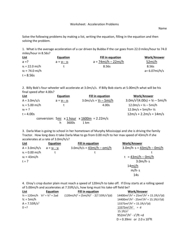 Worksheet Acceleration Problems Name Solve The Following