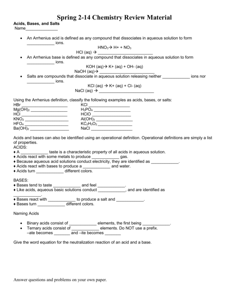 Chemistry Review Worksheet Answers