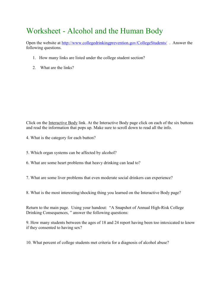 Worksheet  Alcohol And The Human Body