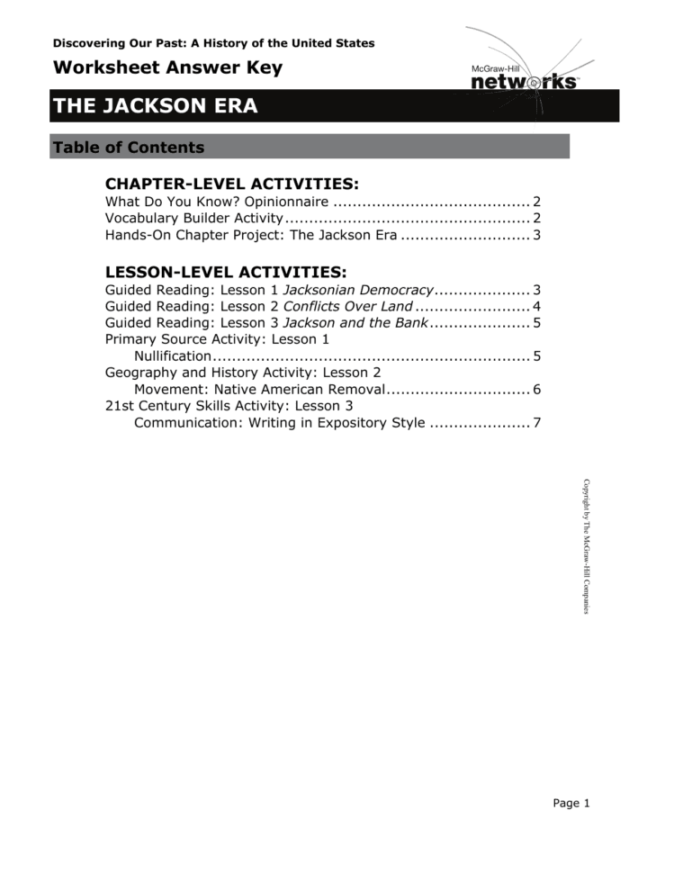 Worksheet Answer Key The Jackson Era