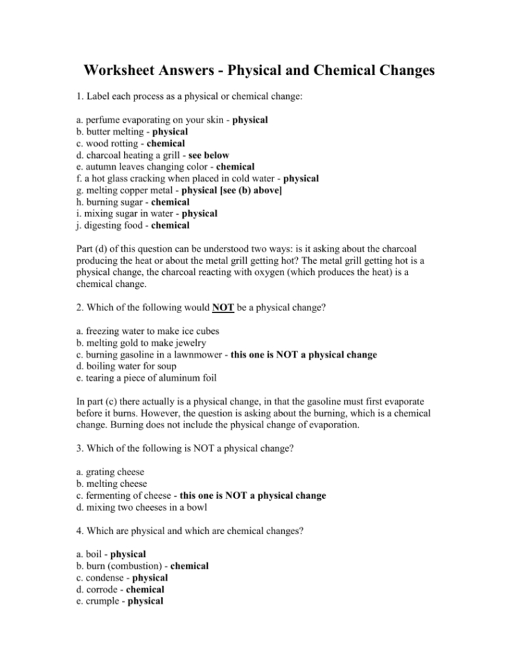 Worksheet Answers  Physical And Chemical Changes