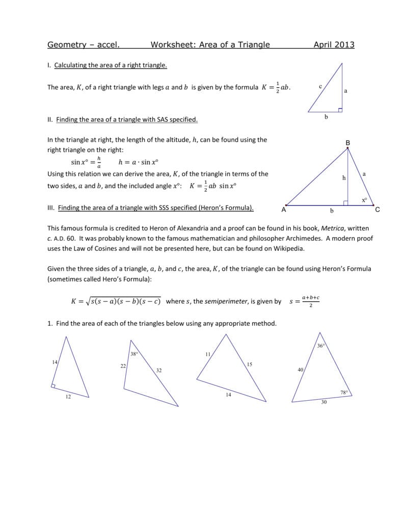 Worksheet  Area Of A Triangle