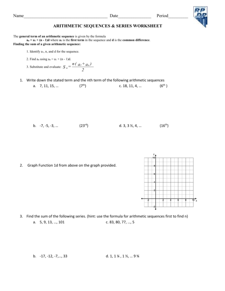Worksheet Arithmetic Sequence  Series Word Problems