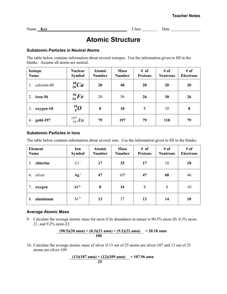 Worksheet  Atomic Structure  Teacher